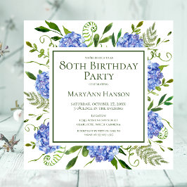 Blaues Hydrangeas Floral Watercolor, 80. Geburtsta Einladung