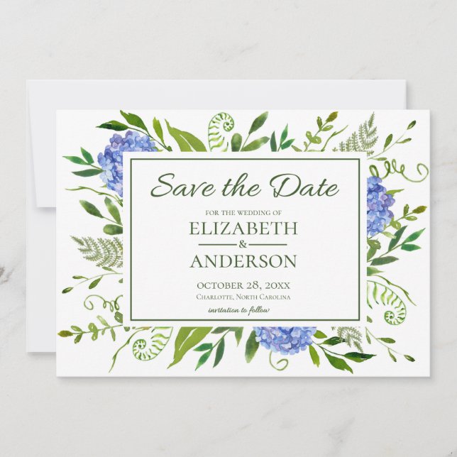Blaues Hydrangeas-Wasser Save The Date (Vorderseite)