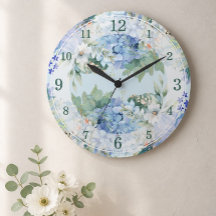 Blaues Hydrangee und florale Wasserfarbenwall-Uhr