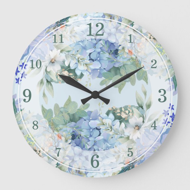 Blaues Hydrangee und florale Wasserfarbenwall-Uhr Große Wanduhr (Vorderseite)