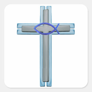 Blaues Ichthus Kreuz Quadratischer Aufkleber