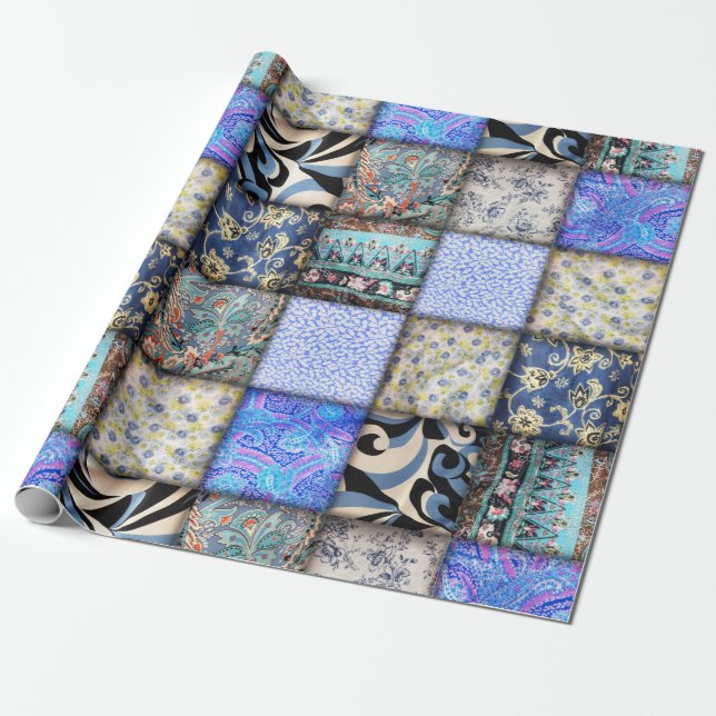 Blaues Imitat-Patchwork-Quiltmuster Geschenkpapier (Ungerollt)