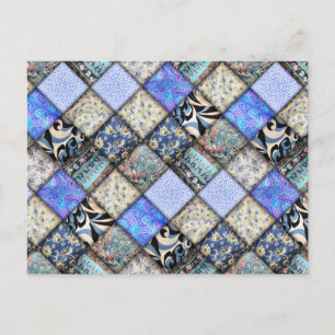 Blaues Imitat-Patchwork-Quiltmuster Postkarte