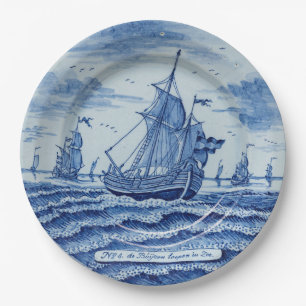 Blaues Imitat Porzellan Chinoiserie Sommerschiff Pappteller