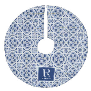 Blaues italienisches Fliesenmuster, Monogramm Leinenimitat Weihnachtsbaumdecke