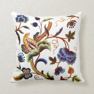 Blaues Jacobean Imitat-Stickerei-mit Blumenkissen Kissen