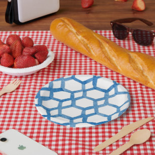 Blaues Japanisches Shibori-Polygon-Aquarellmuster Pappteller