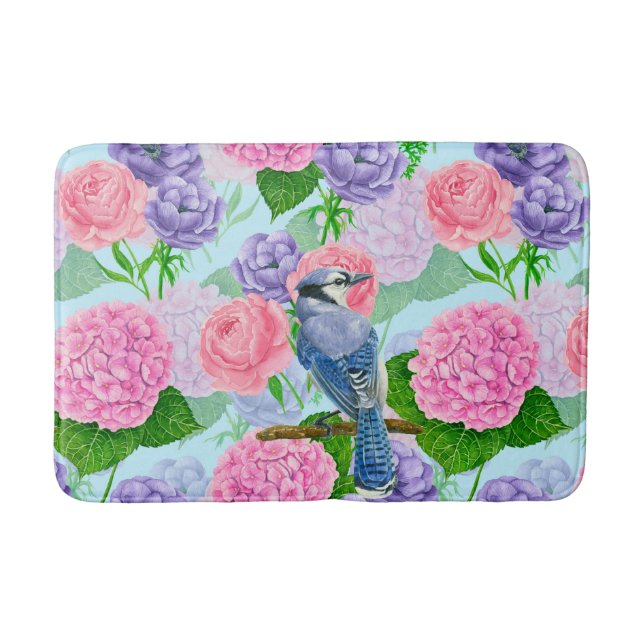 Blaues Jay- und Blume-Aquarellmuster Badematte (Vorderseite)
