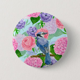 Blaues Jay- und Blume-Aquarellmuster Button