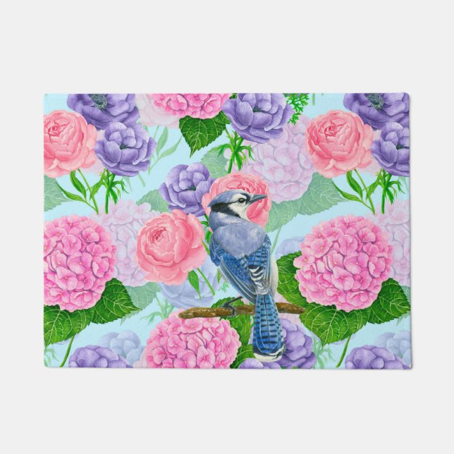 Blaues Jay- und Blume-Aquarellmuster Fußmatte (Vorderseite)