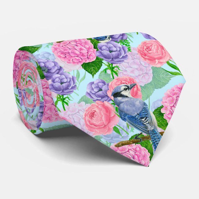 Blaues Jay- und Blume-Aquarellmuster Krawatte (Gerollt)