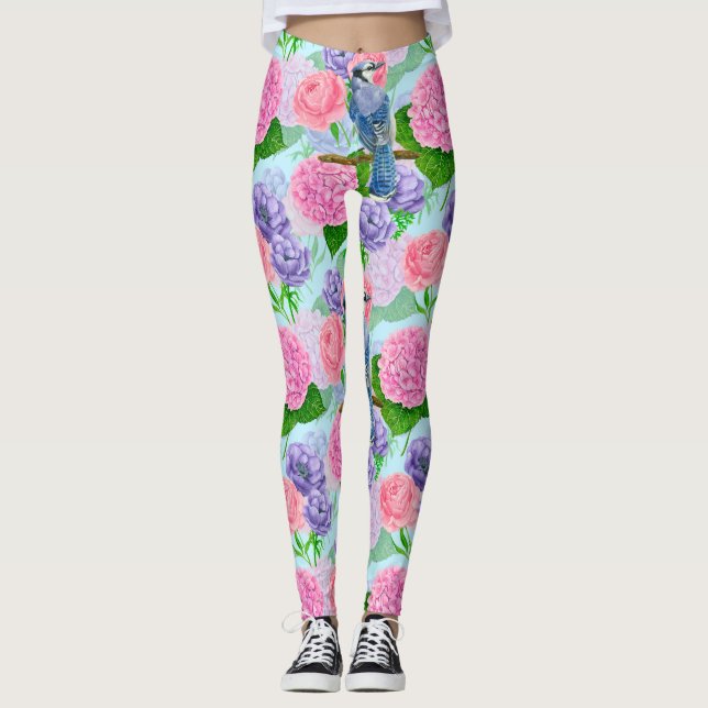 Blaues Jay- und Blume-Aquarellmuster Leggings (Vorderseite)