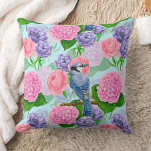 Blaues Jay- und Blume-Wasserfarbmuster Kissen