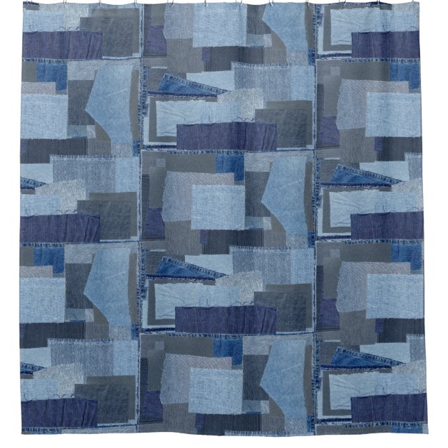 Blaues Jean Patchwork-Denim Shibori Boro Boro Duschvorhang (Vorderseite)