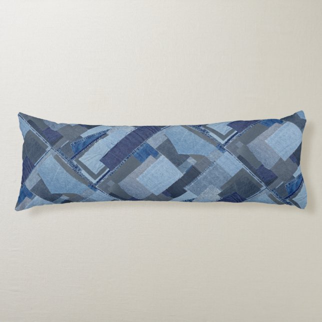 Blaues Jean Patchwork-Denim Shibori Boro Boro Seitenschläferkissen (Vorderseite)