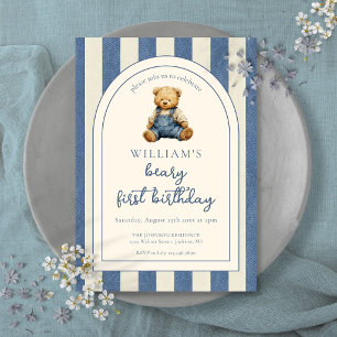 Blaues Jeans-Denim-Teddybär 1. Geburtstag Einladung