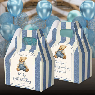 Blaues Jeans-Denim-Teddybär 1. Geburtstag Geschenkschachtel