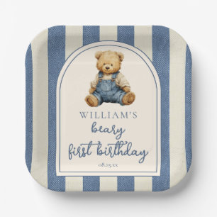 Blaues Jeans-Denim-Teddybär 1. Geburtstag Pappteller