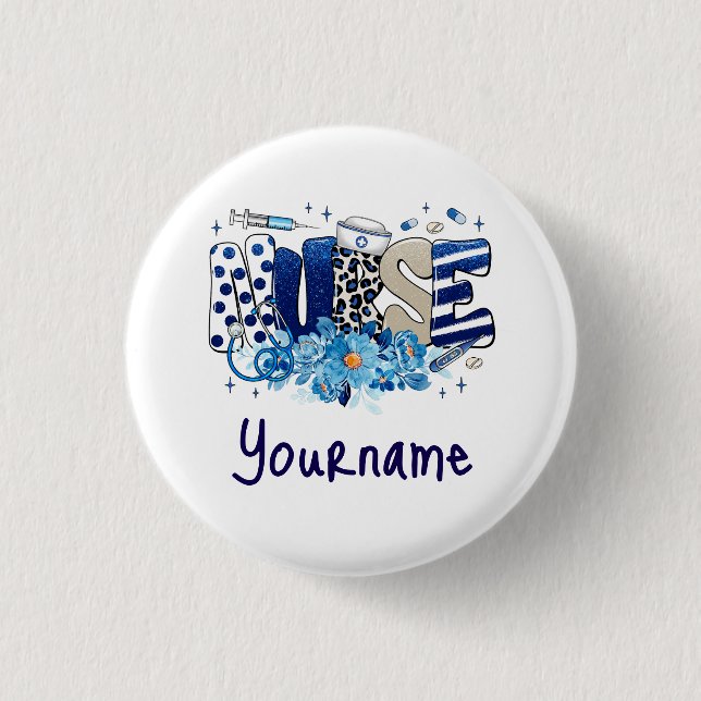 Blaues, kaltblütiges, glänzendes Tiermuster, Blume Button (Vorderseite)