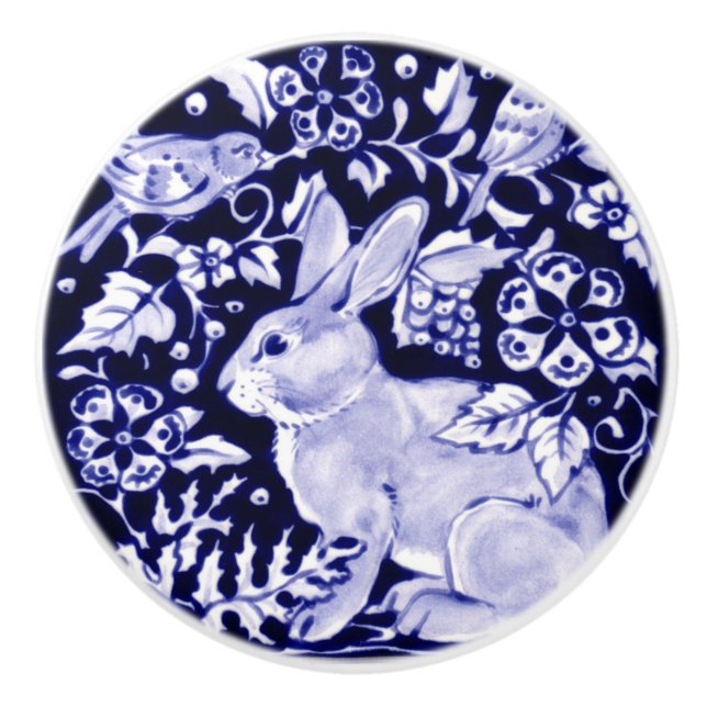 Blaues Kaninchen Bird Floral Woodland Bunny Keramikknauf (Vorderseite)