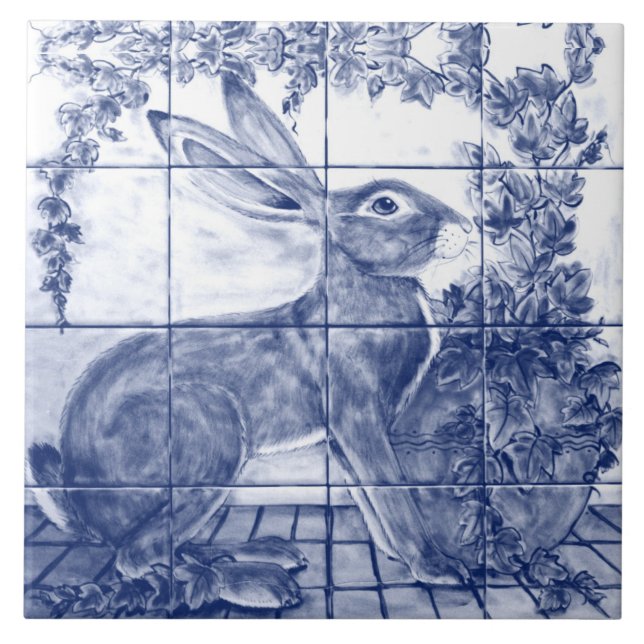 Blaues Kaninchen Hare Ivy Keramik Tile Mural Fliese (Vorderseite)