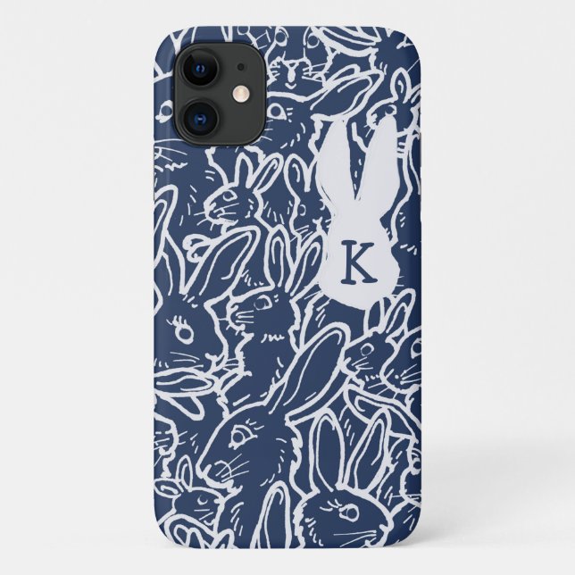 Blaues Kaninchen Zeichnend Moderner Monogram Spaß Case-Mate iPhone Hülle (Rückseite)