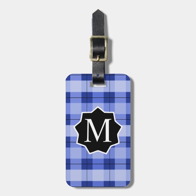 Blaues Kariertes BBL-Etikett Mit Monogramm Gepäckanhänger (Vorderseite vertikal)