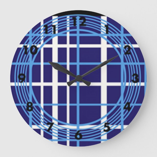 Blaues Kariertes Circles-Design Große Wanduhr (Vorderseite)