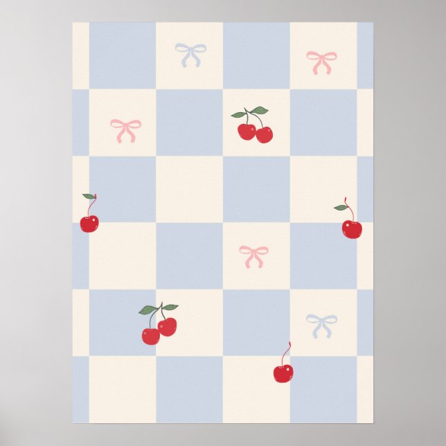 Blaues Karomuster mit Kirschen Poster (Vorne)