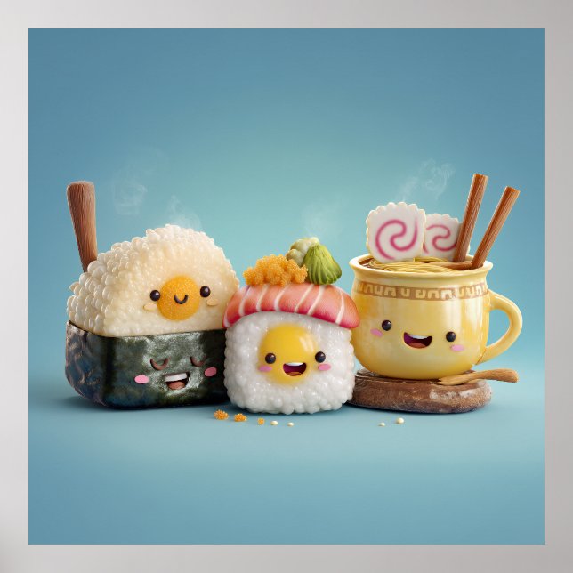 Blaues Kawaii Sushi Trio Poster (Vorne)