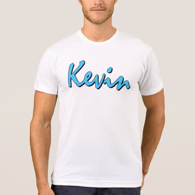 Blaues Kevin-Logo auf weißem T-Shirt (Vorderseite)