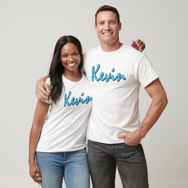 Blaues Kevin-Logo auf weißem T-Shirt (Unisex)