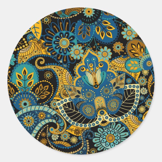 Blaues Khokhlom Runder Aufkleber (Vorderseite)
