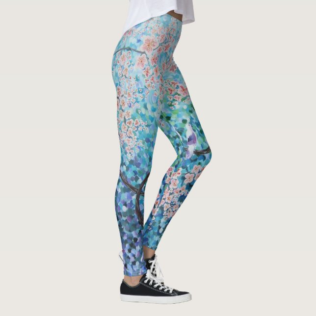 blaues Kirschblüte-Kirschblütenblumenmalereiyoga Leggings (Rechts)
