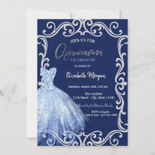 Blaues Kleid Glitterrahmen Blau Quinceañera Einladung