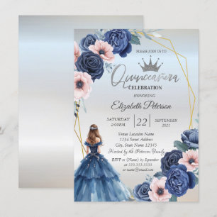 Blaues Kleid, Rahmen mit blauen Blumen Einladung