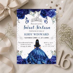 Blaues Kleid Schwarze Haare Prinzessin Sweet 16 Einladung