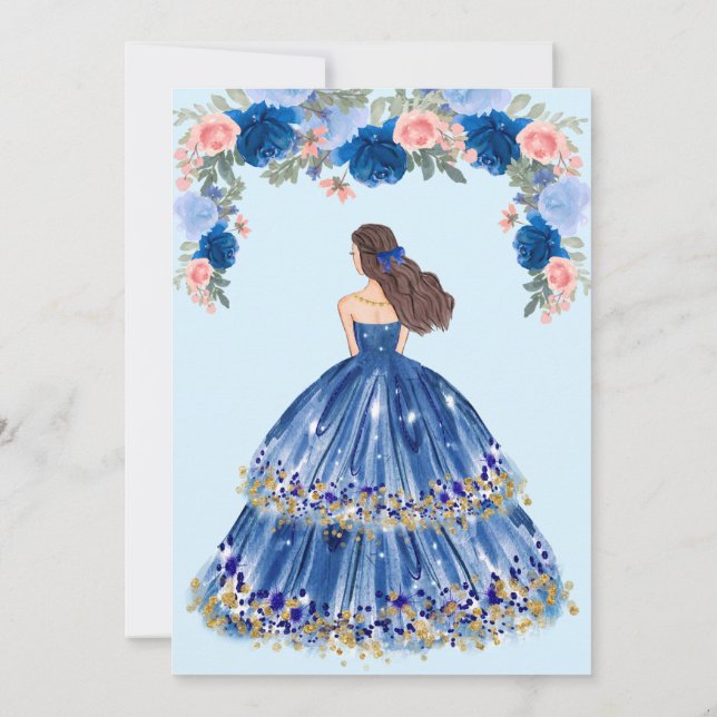 Blaues Kleid und Blumenquinceanera Einladung (Rückseite)