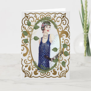 Blaues Kleid Vintage 1920er Jahre Flapper Art Deco Feiertagskarte