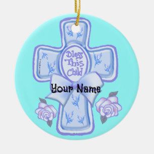 Blaues Kreuz-Ornament 'Bless This Child' Keramik Ornament