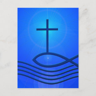 Blaues Kreuz und Fisch (Ichthus) Postkarte