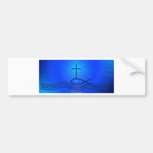 Blaues Kreuz und Fische (Ichthus) Autoaufkleber