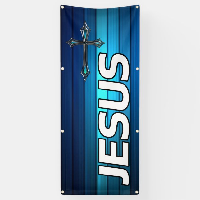 blaues Kreuz und Planken Jesus Banner (Vertikal)