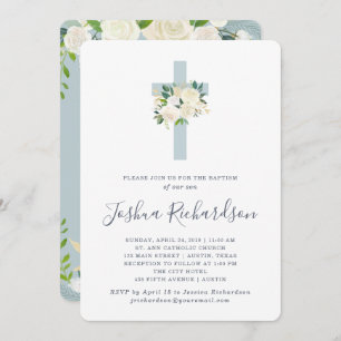 Blaues Kreuz und Weiße Blume  Boy-Taufe Einladung