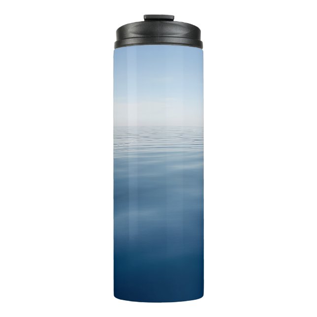 Blaues Küsten-Maritimes Strandhaus Thermosbecher (Vorderseite)
