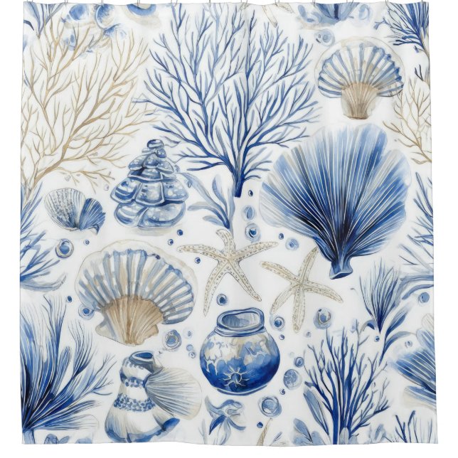 Blaues Küsten-Toile-Muster mit Korallen (2) Duschvorhang (Vorderseite)