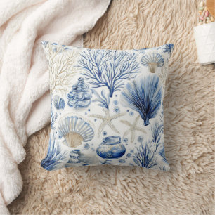Blaues Küsten-Toile-Muster mit Korallen (3) Kissen