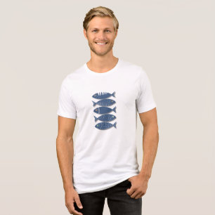 Blaues Küstenfisch-Muster im Beige-Hintergrund Tri-Blend Shirt