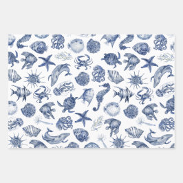 Blaues Küstenwrapping-Papier - Flachblatt Set 3 Geschenkpapier Set