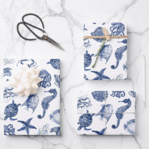 Blaues Küstenwrapping-Papier - Flachblatt Set 3 Geschenkpapier Set